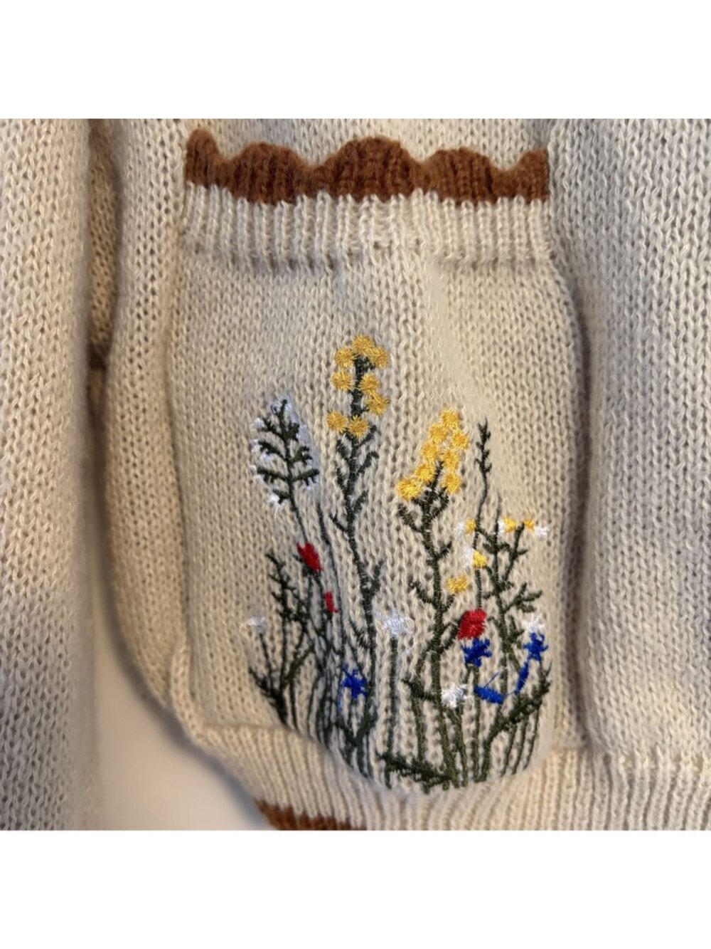 Cottagecore Beige Knit Cardigan 1XL Floral Embroidery Pockets Button Spring NEW - Picture 12 of 16